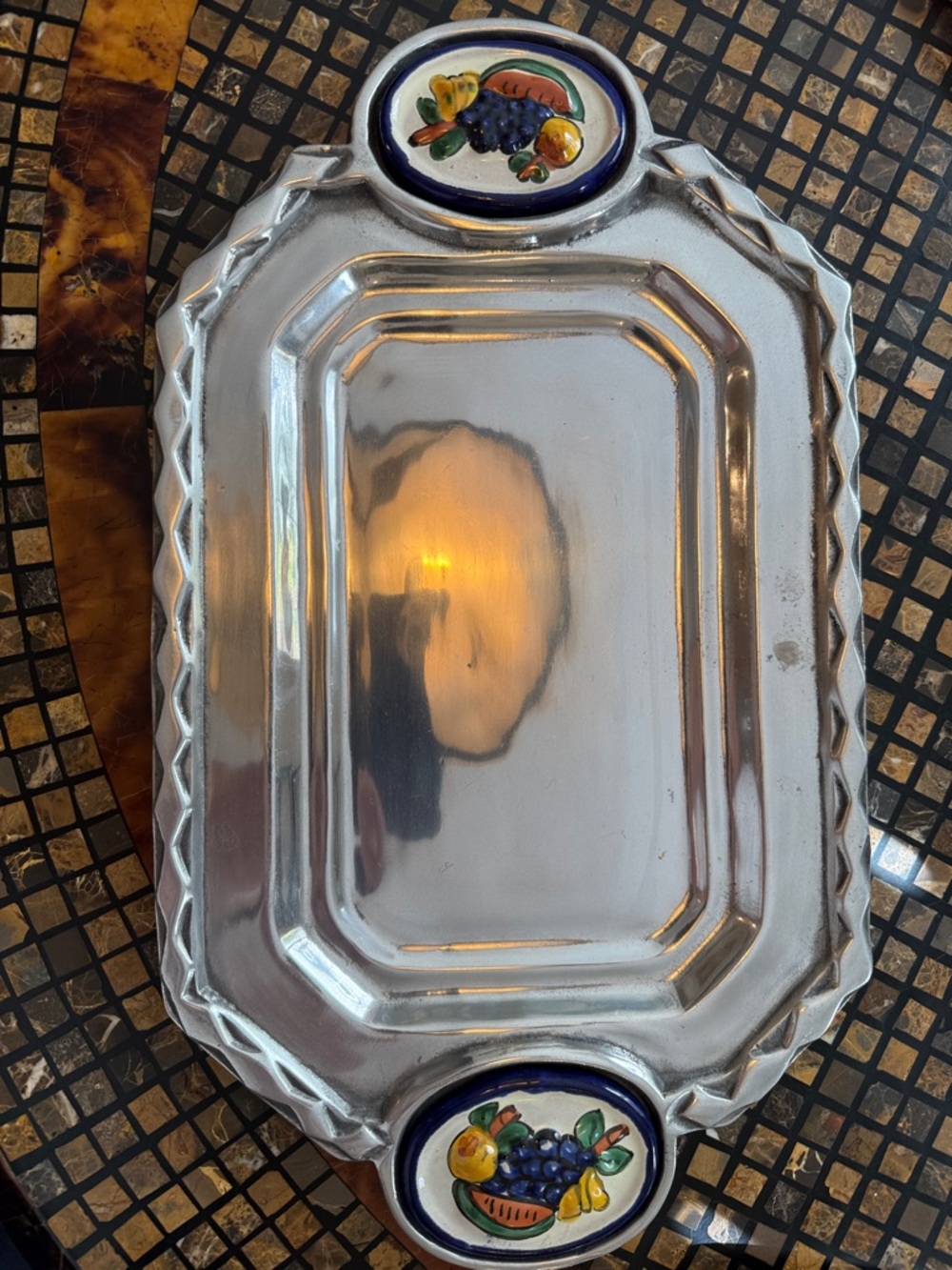 Decorative pewter Serving Tray with Fruit Medallions
